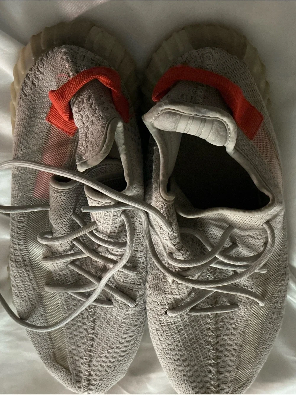adidas Men’s Yeezy 350 Knit Low-Top Sneakers — Light Gray with Orange Heel Tab
